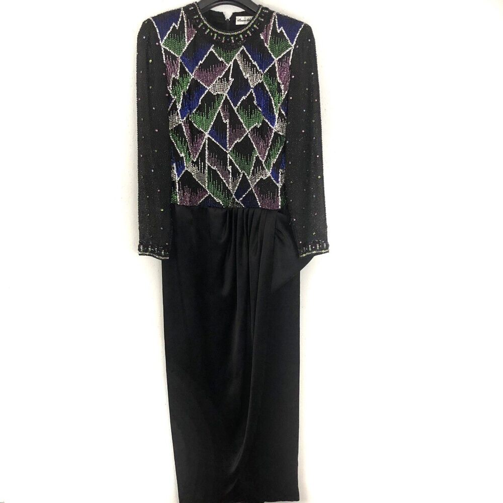 VTG 80s Amen Wardy Beaded Evening Gown Dress Sz M Black Sequin Dynasty Glamour
